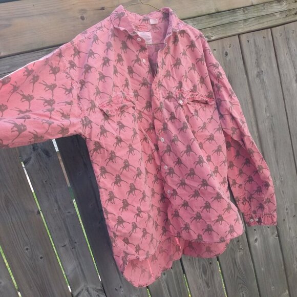 Vintage 80s Pink Cowboy Print Shirt 48" Chest Large Cotton Chambray - Picture 8 of 10